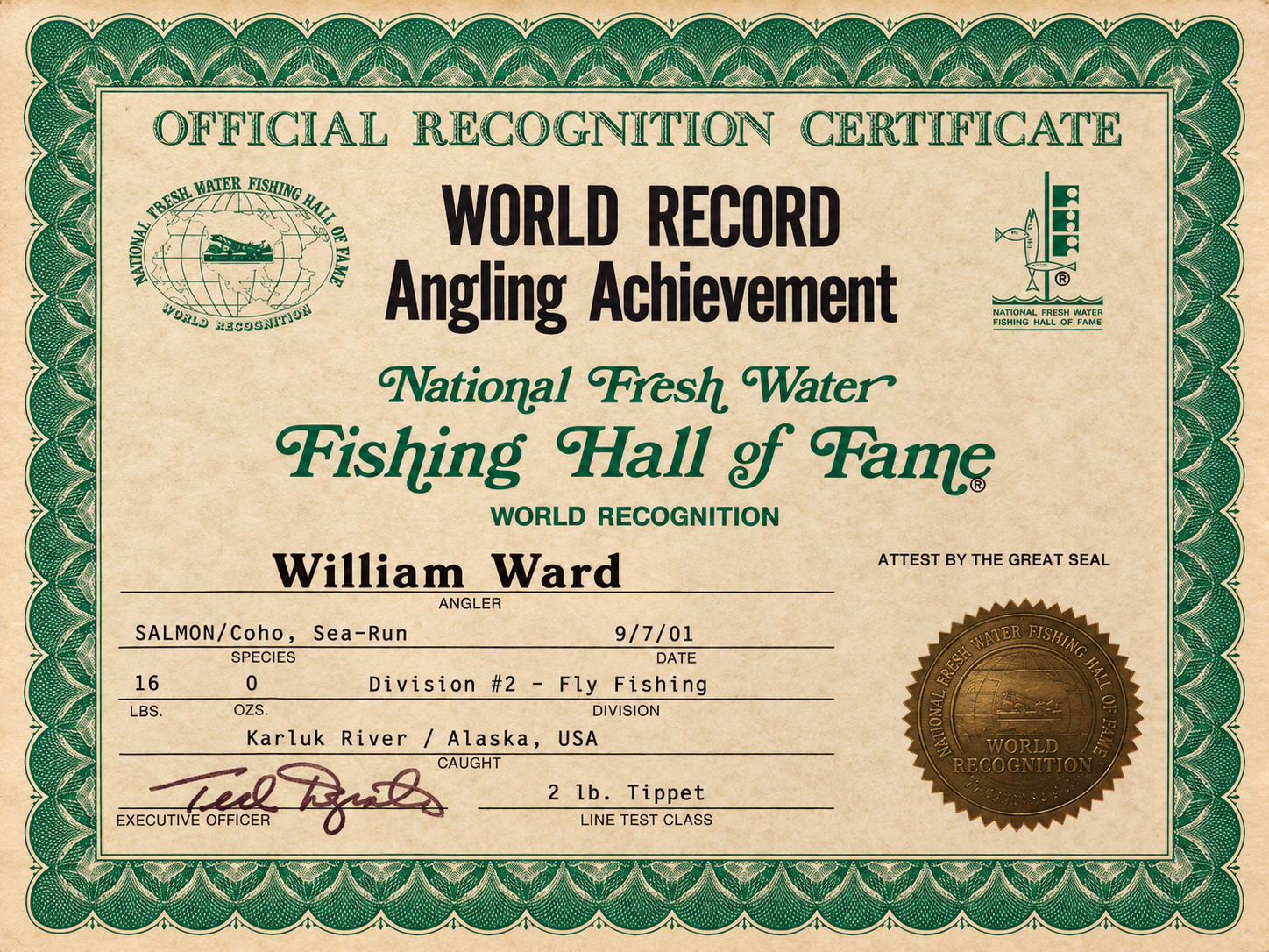 National Fresh Water Fishing Hall of Fame World Record Angling Achievement certificate for Bill Ward, coho salmon, fly fishing division