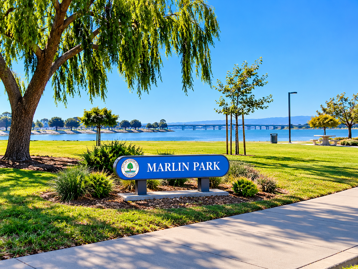 Marlin Park, Foster City, CA — lesson location with blue Marlin Park sign, green lawn, and waterfront